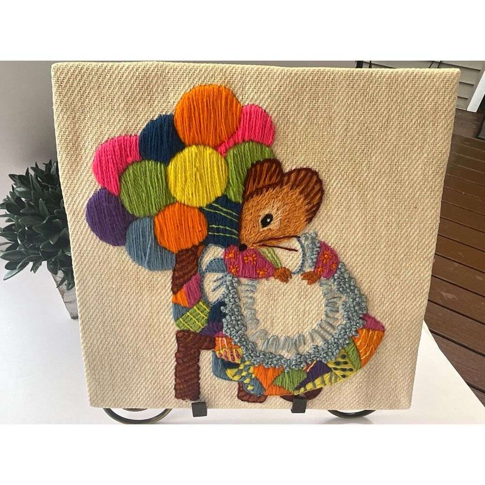 Vintage Crewel embroidery piece Beatrix Potter mouse Cottagecore Grandmacore